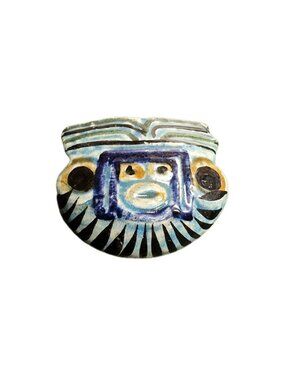 Vintage Tonala Mexican Pottery Pendant Necklace Blue Aztec Face Signed